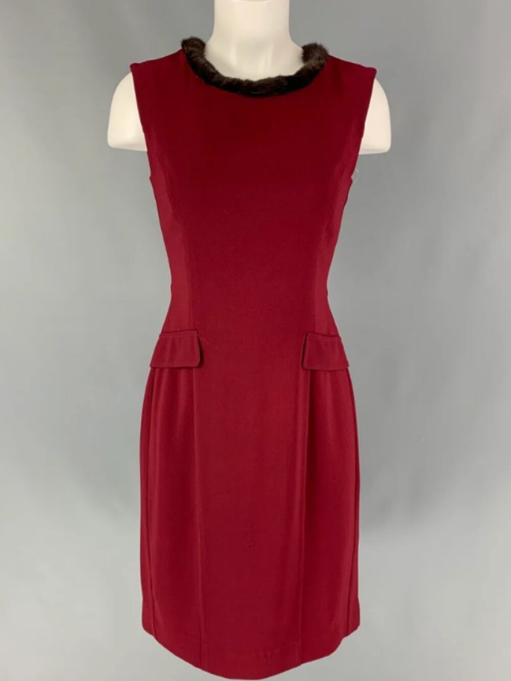 Twin-Set Burgundy Mink Fur Trim Sheath Holiday Dress BNWOT Small